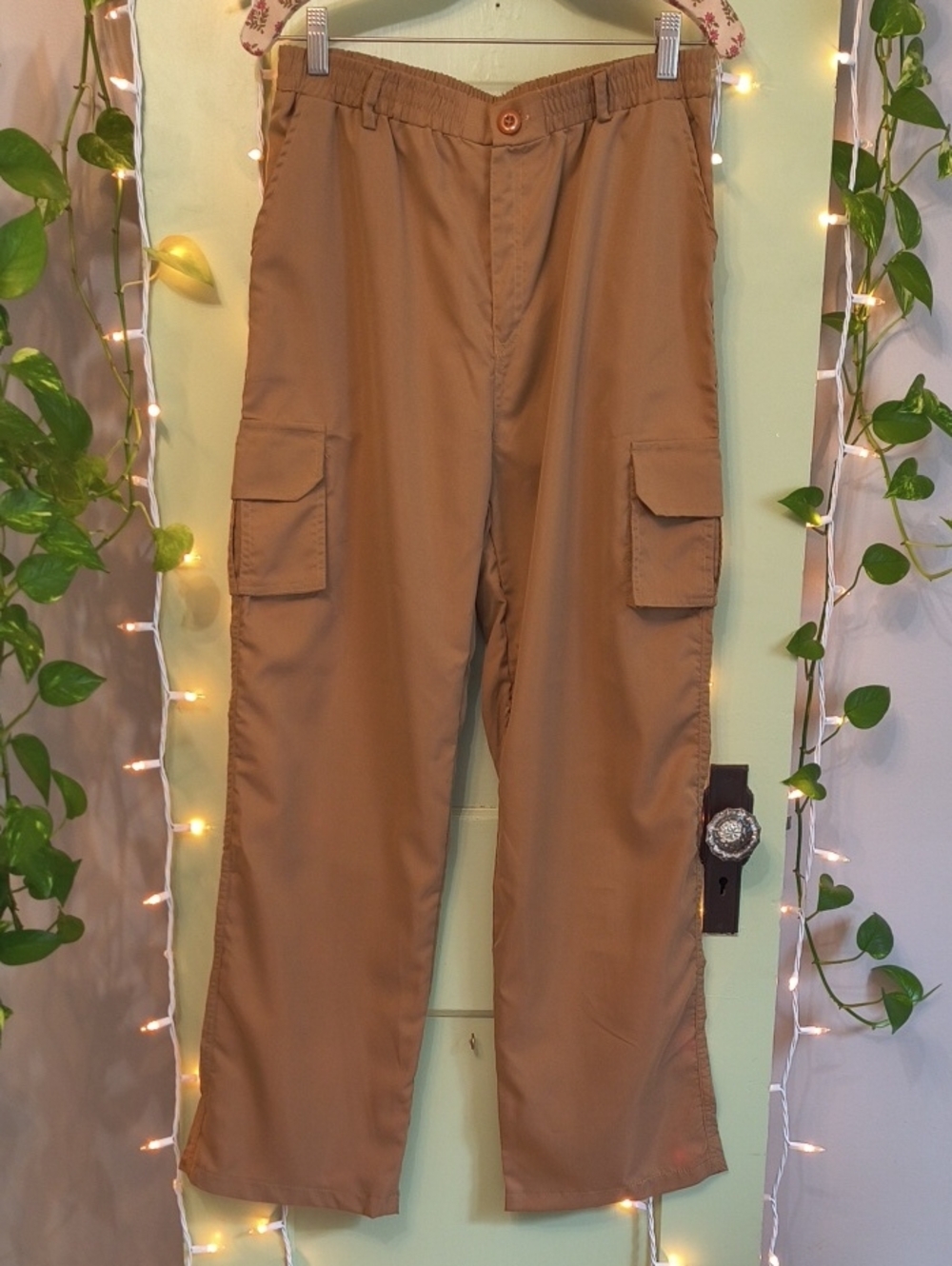 Women's Elastic Waist High Rise Cargo Lightweight Tan Brown Pant M